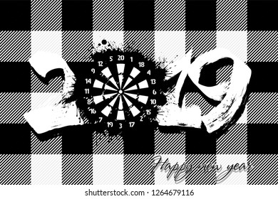 Abstract number 2019 and a dartboard from blots. 2019 New Year on the background of the Scottish pattern tartan. Design pattern for greeting card. Grunge style. Vector illustration