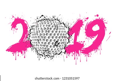 Abstract number 2019 and a golf ball from blots. 2019 New Year on an isolated background. Design pattern for greeting card. Grunge style. Vector illustration
