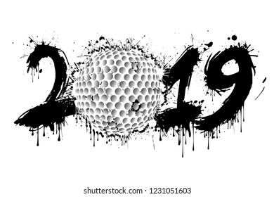 Abstract number 2019 and a golf ball from blots. 2019 New Year on an isolated background. Design pattern for greeting card. Grunge style. Vector illustration