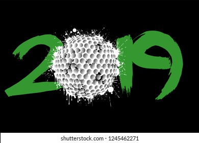 Abstract number 2019 and a golf ball from blots. 2019 New Year on an isolated white background. Design pattern for greeting card. Grunge style. Vector illustration