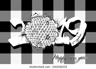 Abstract number 2019 and a golf ball from blots. 2019 New Year on the background of the Scottish pattern tartan. Design pattern for greeting card. Grunge style. Vector illustration