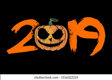 Abstract number 2019 in grunge style and halloween pumpkin from blots. Happy halloween. Design pattern for banner, poster, greeting card, flyer, party invitation. Vector illustration