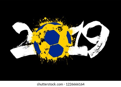 Abstract number 2019 and a handball ball from blots. 2019 New Year on an isolated white background. Design pattern for greeting card. Grunge style. Vector illustration