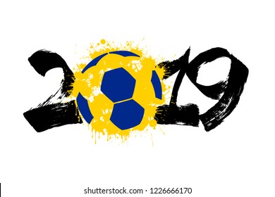 Abstract number 2019 and a handball ball from blots. 2019 New Year on an isolated white background. Design pattern for greeting card. Grunge style. Vector illustration