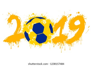 Abstract number 2019 and a handball ball from blots. 2019 New Year on an isolated background. Design pattern for greeting card. Grunge style. Vector illustration