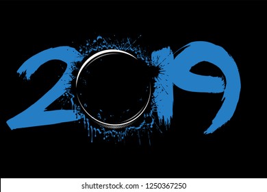 Abstract number 2019 and a hockey puck from blots. 2019 New Year on an isolated background. Design pattern for greeting card. Grunge style. Vector illustration