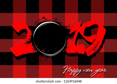 Abstract number 2019 and a hockey puck from blots. 2019 New Year on the background of the Scottish pattern tartan. Design pattern for greeting card. Grunge style. Vector illustration