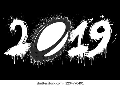 Abstract number 2019 and a rugby ball from blots. 2019 New Year on an isolated background. Design pattern for greeting card. Grunge style. Vector illustration