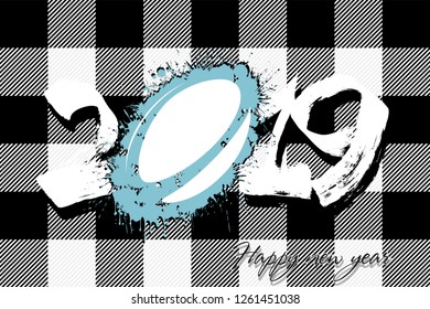 Abstract number 2019 and a rugby ball from blots. 2019 New Year on the background of the Scottish pattern tartan. Design pattern for greeting card. Grunge style. Vector illustration