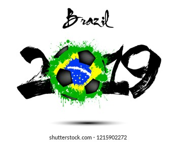 Abstract number 2019 and soccer ball from blots painted in the colors of the Brazil flag. 2019 New Year on an isolated background. Vector illustration