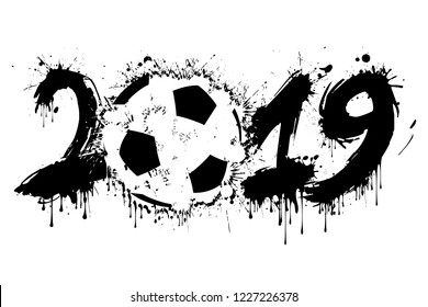 Abstract number 2019 and a soccer ball from blots. 2019 New Year on an isolated background. Design pattern for greeting card. Grunge style. Vector illustration