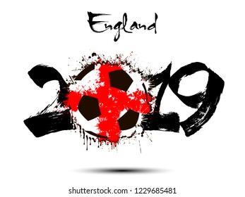 Abstract number 2019 and soccer ball from blots painted in the colors of the England flag. 2019 New Year on an isolated background. Vector illustration