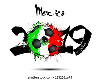 Abstract number 2019 and soccer ball from blots painted in the colors of the Mexico flag. 2019 New Year on an isolated background. Vector illustration