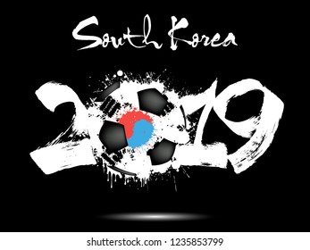 Abstract number 2019 and soccer ball from blots painted in the colors of the South Korea flag. 2019 New Year on an isolated background. Vector illustration