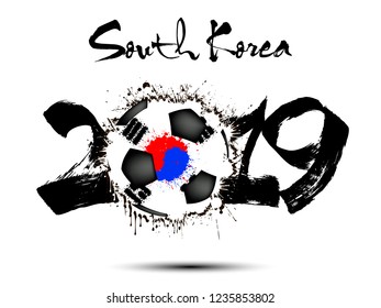 Abstract number 2019 and soccer ball from blots painted in the colors of the South Korea flag. 2019 New Year on an isolated background. Vector illustration