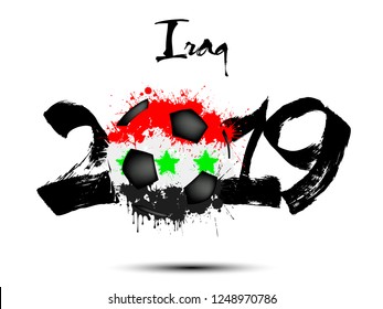 Abstract number 2019 and soccer ball from blots painted in the colors of the Iraq flag. 2019 New Year on an isolated background. Vector illustration