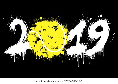 Abstract number 2019 and a tennis ball from blots. 2019 New Year on an isolated background. Design pattern for greeting card. Grunge style. Vector illustration