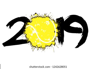 Abstract number 2019 and a tennis ball from blots. 2019 New Year on an isolated background. Design pattern for greeting card. Grunge style. Vector illustration