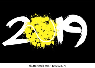 Abstract number 2019 and a tennis ball from blots. 2019 New Year on an isolated background. Design pattern for greeting card. Grunge style. Vector illustration