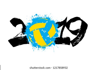 Abstract number 2019 and a volleyball ball from blots. 2019 New Year on an isolated white background. Design pattern for greeting card. Grunge style. Vector illustration