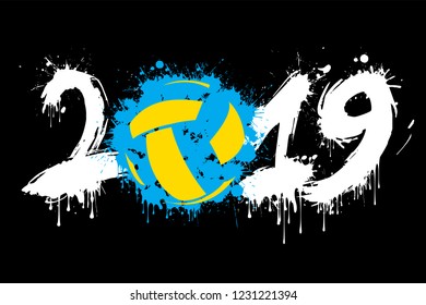 Abstract number 2019 and a volleyball ball from blots. 2019 New Year on an isolated background. Design pattern for greeting card. Grunge style. Vector illustration