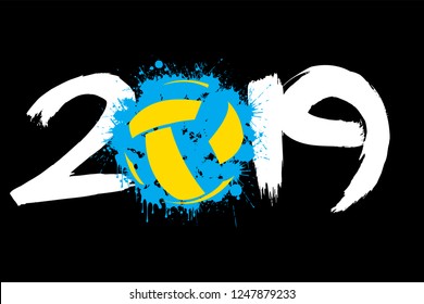 Abstract number 2019 and a volleyball ball from blots. 2019 New Year on an isolated background. Design pattern for greeting card. Grunge style. Vector illustration