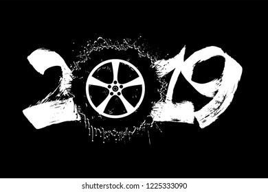 Abstract number 2019 and a wheel auto from blots. 2019 New Year on an isolated  background. Design pattern for greeting card. Grunge style. Vector illustration