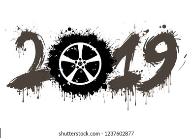 Abstract number 2019 and a wheel auto from blots. 2019 New Year on an isolated background. Design pattern for greeting card. Grunge style. Vector illustration