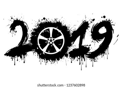 Abstract number 2019 and a wheel auto from blots. 2019 New Year on an isolated background. Design pattern for greeting card. Grunge style. Vector illustration