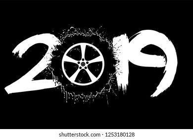 Abstract number 2019 and a wheel auto from blots. 2019 New Year on an isolated background. Design pattern for greeting card. Grunge style. Vector illustration