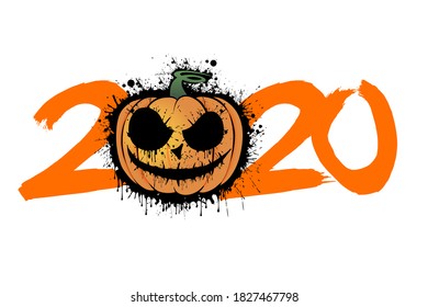 Abstract number 2020 in grunge style and halloween pumpkin from blots. Happy halloween. Design pattern for banner, poster, greeting card, flyer, party invitation. Vector illustration