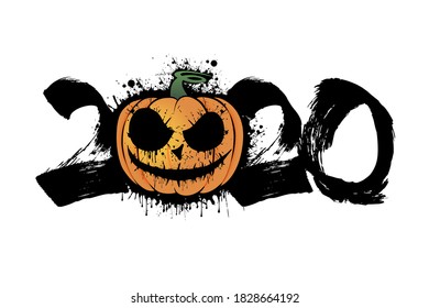 Abstract number 2020 in grunge style and halloween pumpkin from blots. Happy halloween. Design pattern for banner, poster, greeting card, flyer, party invitation. Vector illustration