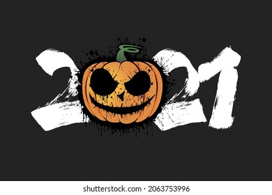 Abstract number 2021 in grunge style and halloween pumpkin from blots. Happy halloween. Design pattern for banner, poster, greeting card, flyer, party invitation. Vector illustration