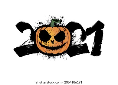 Abstract number 2021 in grunge style and halloween pumpkin from blots. Happy halloween. Design pattern for banner, poster, greeting card, flyer, party invitation. Vector illustration