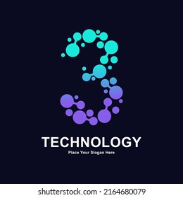 Abstract number 3 with molecule element and dots connection vector logo design. Suitable for biotechnology molecule atom DNA chip symbol, Medicine, science, technology, laboratory, electronics