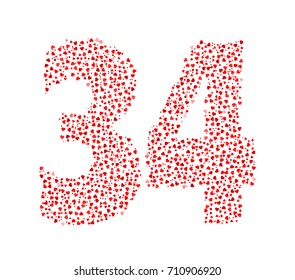 Abstract Number 34 Made Of Red Solid Hearts