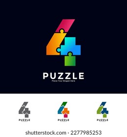 Abstract number 4 puzzle pieces colorful vector logo design. Suitable for business, education, game, sticker and template