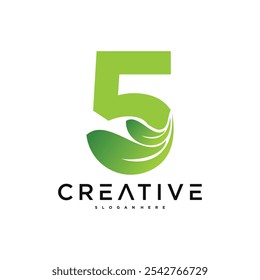 Abstractas número 5 y diseño del logotipo de la hoja. Vector de Premium