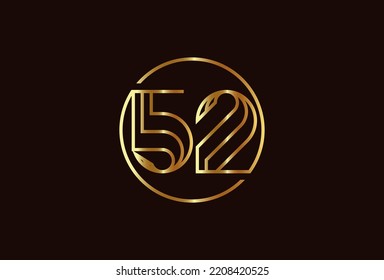 Abstract Number 52 Gold Logo, Number 52 monogram line style inside circle can be used for birthday and business logo templates, flat design logo, vector illustration