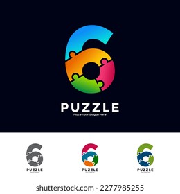 Abstract number 6 puzzle pieces colorful vector logo design. Suitable for business, education, game, sticker and template