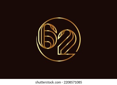 Abstract Number 62 Gold Logo, Number 62 monogram line style inside circle can be used for birthday and business logo templates, flat design logo, vector illustration