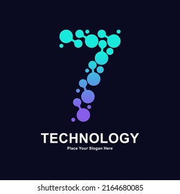 Abstract number 7 with molecule element and dots connection vector logo design. Suitable for biotechnology molecule atom DNA chip symbol, Medicine, science, technology, laboratory, electronics