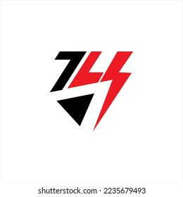 Abstract number 74 vector logo design with thunderbolt and triangle.