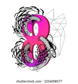 Resumen número 8, ocho. Grabado de pincel de arte decorativo. Gradiente de neón de color. Ilustración vectorial aislada en fondo blanco.
