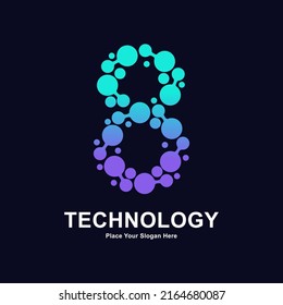 Abstract number 8 with molecule element and dots connection vector logo design. Suitable for biotechnology molecule atom DNA chip symbol, Medicine, science, technology, laboratory, electronics
