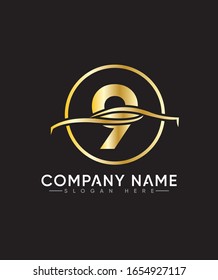 Abstract number 9 logo in simple line graphic design template vector