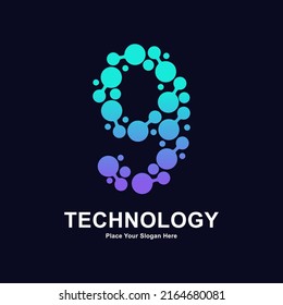 Abstract number 9 with molecule element and dots connection vector logo design. Suitable for biotechnology molecule atom DNA chip symbol, Medicine, science, technology, laboratory, electronics