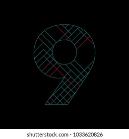 Abstract number 9 nine.Lighting red and blue lines structure on black backgrtound. Vector illustration symbol, icon logo. 
