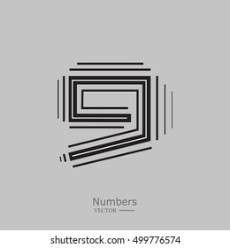 Abstract number 9. Typographic vector element for design.  Vector illustration. Clearly visible from a distance. Digital made of lines of different widths.