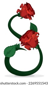 Abstract number eight with long, green stem, leaves and red roses to commemorate Women's Day on March 8.